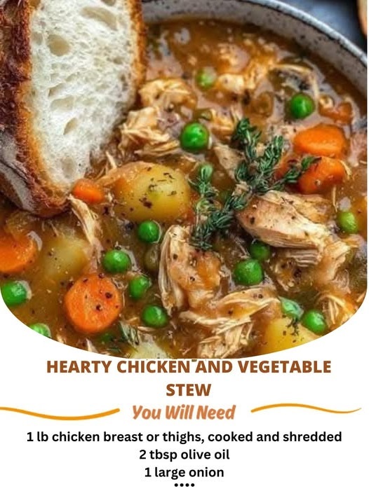 A bowl of hearty chicken and vegetable stew filled with tender chicken pieces, carrots, potatoes, and green beans, all simmered in a flavorful broth. The dish is garnished with fresh herbs for an extra touch of color and flavor.