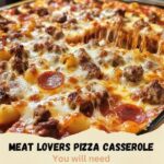 "Meat lovers pizza casserole loaded with sausage, pepperoni, and melted cheese in a savory tomato sauce"