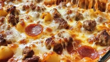"Meat lovers pizza casserole loaded with sausage, pepperoni, and melted cheese in a savory tomato sauce"
