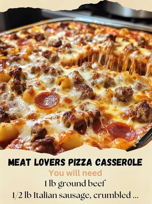 "Meat lovers pizza casserole loaded with sausage, pepperoni, and melted cheese in a savory tomato sauce"