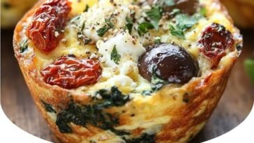 Savory Mediterranean egg muffins filled with sun-dried tomatoes, Kalamata olives, and fresh herbs, baked to golden perfection. Each muffin is topped with a sprinkle of feta cheese for added flavor.