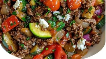 “Mediterranean Ground Beef Stir Fry, savory stir fry, ground beef stir fry, Mediterranean flavors, colorful stir fry, flavorful beef, healthy stir fry, bell peppers, onions, olives, garlic, savory Mediterranean dish, quick dinner recipe, colorful vegetables, healthy ground beef recipe, delicious stir fry”