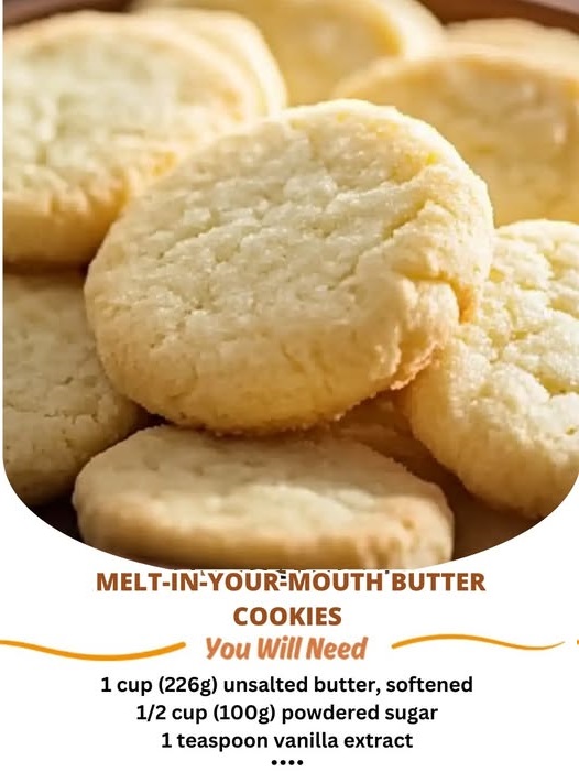 "Soft, golden melt-in-your-mouth butter cookies arranged on a plate, dusted with a light coating of sugar."