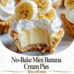 Mini no-bake banana cream pies served in individual graham cracker crusts, topped with a smooth layer of banana-flavored cream filling, fresh banana slices, and whipped cream. Each pie is garnished with a sprinkle of graham cracker crumbs for added texture.