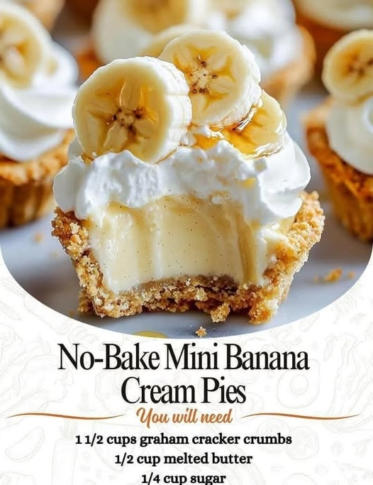 Mini no-bake banana cream pies served in individual graham cracker crusts, topped with a smooth layer of banana-flavored cream filling, fresh banana slices, and whipped cream. Each pie is garnished with a sprinkle of graham cracker crumbs for added texture.