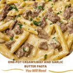 One-pot creamy beef and garlic butter pasta with tender beef, pasta, and a rich creamy sauce."