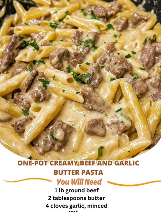 One-pot creamy beef and garlic butter pasta with tender beef, pasta, and a rich creamy sauce."