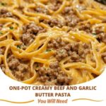 "One-pot creamy beef and garlic butter pasta with rich sauce and tender noodles"
