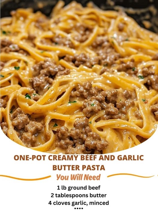 "One-pot creamy beef and garlic butter pasta with rich sauce and tender noodles"