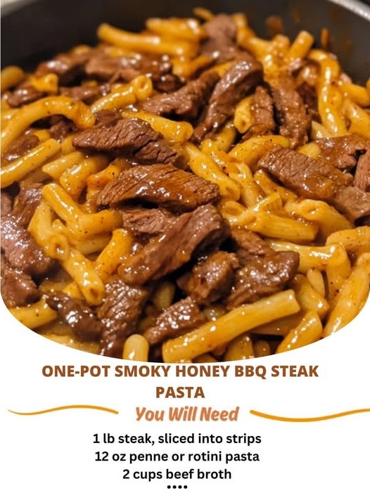 One-pot smoky honey BBQ steak pasta with tender steak, smoky BBQ sauce, and pasta, garnished with fresh herbs."