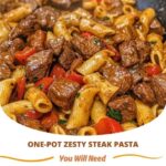 "One-pot zesty steak pasta with tender steak slices, flavorful sauce, and pasta cooked to perfection in a single pot."