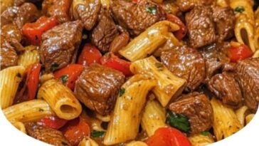 "One-pot zesty steak pasta with tender steak slices, flavorful sauce, and pasta cooked to perfection in a single pot."