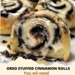 "Oreo stuffed cinnamon rolls with a soft, fluffy dough, Oreo cookie filling, and a drizzle of icing on top."