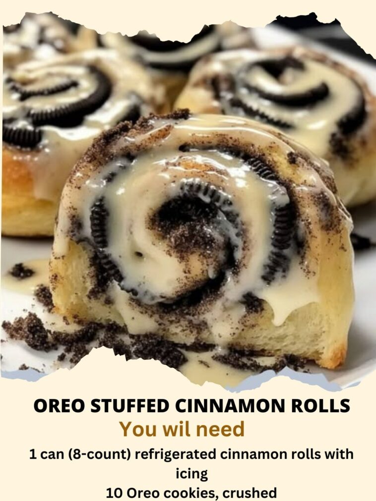 "Oreo stuffed cinnamon rolls with a soft, fluffy dough, Oreo cookie filling, and a drizzle of icing on top."