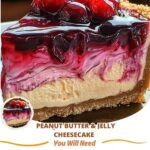 "Peanut Butter and Jelly Cheesecake with a nostalgic twist, topped with peanut butter and strawberry jelly swirl, served on a graham cracker crust."