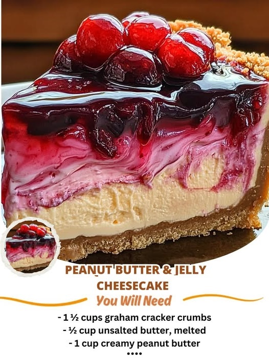 "Peanut Butter and Jelly Cheesecake with a nostalgic twist, topped with peanut butter and strawberry jelly swirl, served on a graham cracker crust."