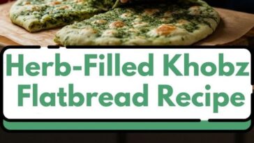 "Herb-filled Khobz flatbread, golden-brown with a crisp texture and a flavorful filling of fresh herbs."