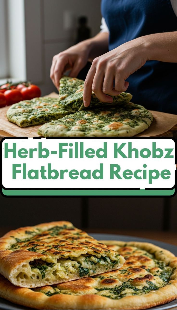 "Herb-filled Khobz flatbread, golden-brown with a crisp texture and a flavorful filling of fresh herbs."