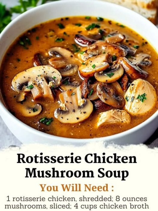 "Rotisserie Chicken Mushroom Soup - Creamy, comforting, and quick meal made with tender rotisserie chicken, fresh mushrooms, and a rich, velvety broth."