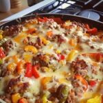 "Delicious stuffed pepper casserole with a mix of rice, ground beef, bell peppers, and melted cheese, offering a comforting one-pot meal."