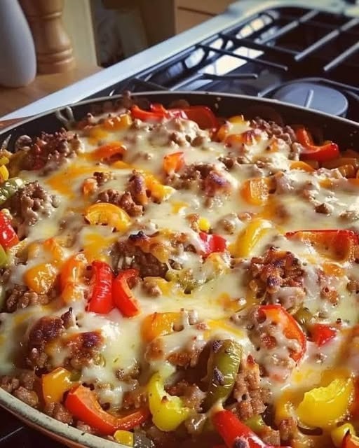 "Delicious stuffed pepper casserole with a mix of rice, ground beef, bell peppers, and melted cheese, offering a comforting one-pot meal."
