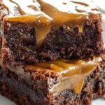 "Salted caramel brownies topped with a rich caramel drizzle, creating a decadent and irresistible dessert perfect for every occasion."