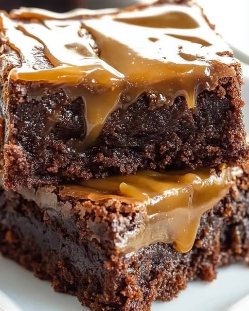 "Salted caramel brownies topped with a rich caramel drizzle, creating a decadent and irresistible dessert perfect for every occasion."