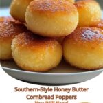 Golden, bite-sized Southern-style cornbread poppers with a crispy exterior, drizzled with sweet honey butter. Each popper is perfectly fluffy inside and served in a small basket with a few more honey butter drizzles on top.