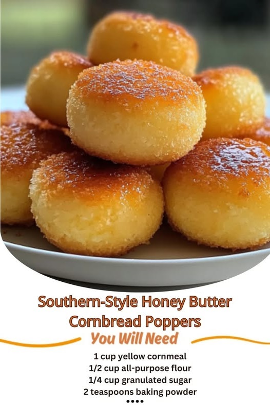 Golden, bite-sized Southern-style cornbread poppers with a crispy exterior, drizzled with sweet honey butter. Each popper is perfectly fluffy inside and served in a small basket with a few more honey butter drizzles on top.