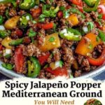 "Spicy jalapeño popper Mediterranean ground beef stir fry with vibrant vegetables and melted cheese."