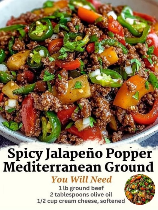 "Spicy jalapeño popper Mediterranean ground beef stir fry with vibrant vegetables and melted cheese."