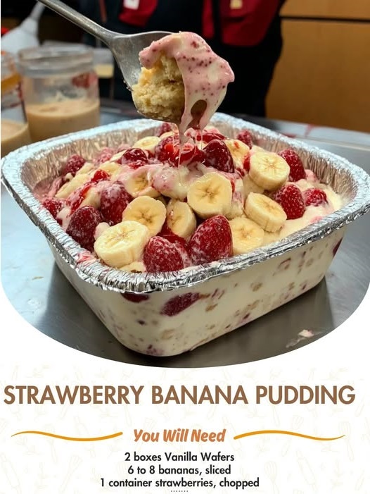 "Delicious strawberry banana pudding with layers of creamy pudding, fresh strawberries, and bananas"