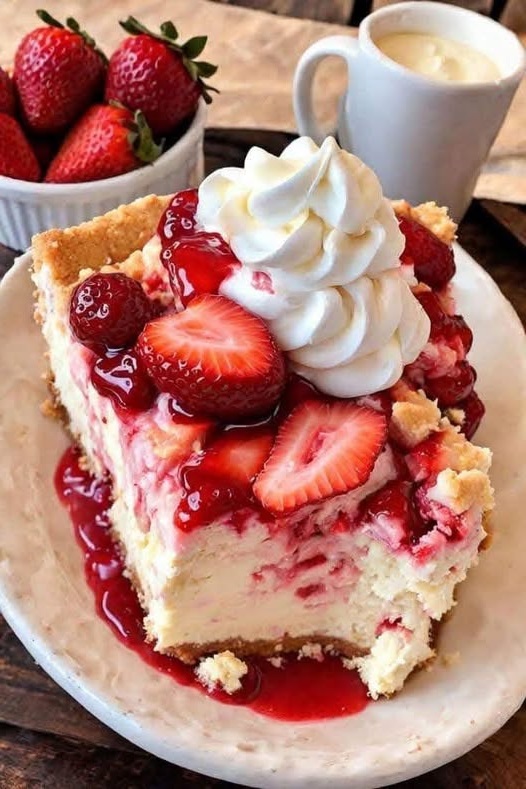 A warm, golden-brown strawberry cheesecake dump cake with a crumbly top, revealing layers of sweetened cream cheese, strawberry filling, and a buttery cake mix. The dish is garnished with fresh strawberries for a vibrant touch.