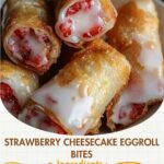 "Strawberry Cheesecake Eggroll Bites: Crispy, golden eggroll wrappers filled with creamy cheesecake and sweet strawberry filling, perfect for a delicious dessert."