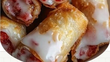 "Strawberry Cheesecake Eggroll Bites: Crispy, golden eggroll wrappers filled with creamy cheesecake and sweet strawberry filling, perfect for a delicious dessert."