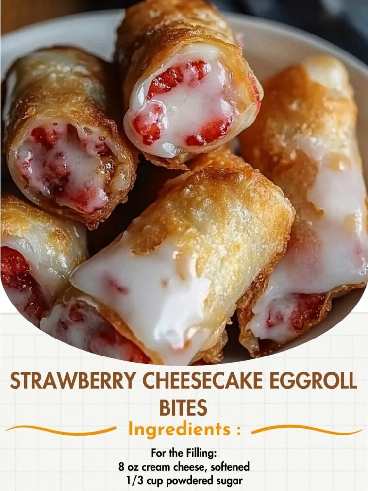 "Strawberry Cheesecake Eggroll Bites: Crispy, golden eggroll wrappers filled with creamy cheesecake and sweet strawberry filling, perfect for a delicious dessert."
