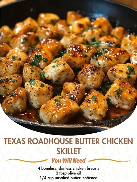 "Texas Roadhouse-style butter chicken skillet with tender chicken, creamy butter sauce, and herbs, served in a cast iron skillet."