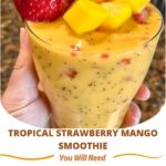 "Tropical Strawberry Mango Smoothie: A vibrant, refreshing blend of fresh strawberries and mangoes, topped with a hint of coconut for a fruity, tropical treat."