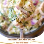 "Tzatziki chicken salad with tender chicken, fresh vegetables, and a creamy tzatziki dressing."