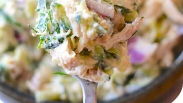 "Tzatziki chicken salad with tender chicken, fresh vegetables, and a creamy tzatziki dressing."