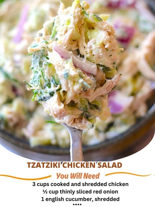"Tzatziki chicken salad with tender chicken, fresh vegetables, and a creamy tzatziki dressing."