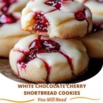 "White chocolate cherry shortbread cookies with a festive red and white appearance, perfect for any occasion."
