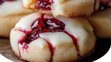 "White chocolate cherry shortbread cookies with a festive red and white appearance, perfect for any occasion."