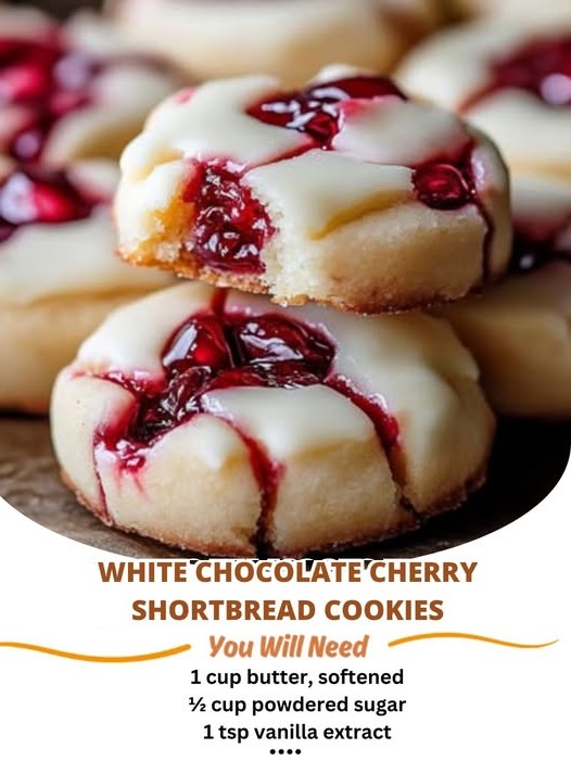 "White chocolate cherry shortbread cookies with a festive red and white appearance, perfect for any occasion."