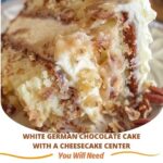 "White German Chocolate Cake with a rich cheesecake center, topped with decadent chocolate and coconut frosting."