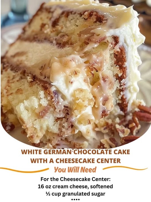 "White German Chocolate Cake with a rich cheesecake center, topped with decadent chocolate and coconut frosting."