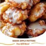 "Golden, warm baked apple fritters drizzled with sweet glaze, showcasing the crispy edges and soft, cinnamon-infused interior."
