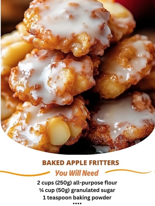 "Golden, warm baked apple fritters drizzled with sweet glaze, showcasing the crispy edges and soft, cinnamon-infused interior."