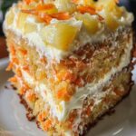 A slice of Hawaiian Carrot Pineapple Cake, filled with grated carrots and pineapple chunks, topped with a smooth cream cheese frosting and a sprinkle of shredded coconut, evoking tropical flavors.