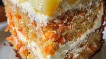 A slice of Hawaiian Carrot Pineapple Cake, filled with grated carrots and pineapple chunks, topped with a smooth cream cheese frosting and a sprinkle of shredded coconut, evoking tropical flavors.
